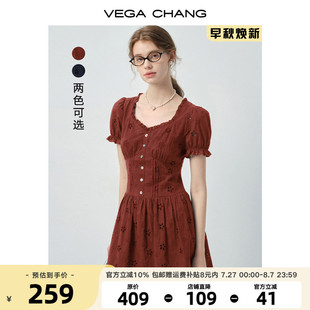 CHANG短袖 夏季 VEGA 连衣裙女2025新款 绣花短裙 法式 复古方领泡泡袖