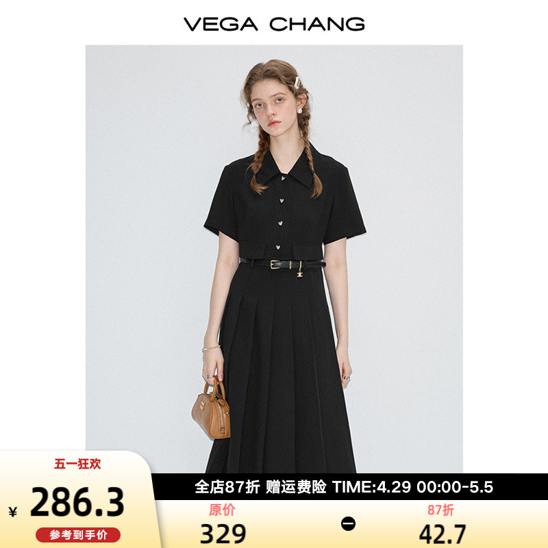 VEGA CHANG黑色连衣裙女2024年夏季新款设计感显瘦气质百褶衬衫裙