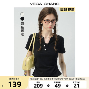 显瘦休闲百搭正肩上衣 VEGA CHANG短袖 女t恤2025新款 夏V领纽扣修身