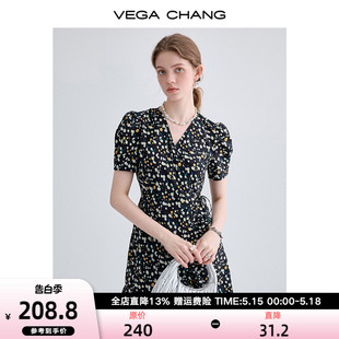 CHANG短袖 VEGA 连衣裙女2024年夏季 新款 休闲慵懒风黑色显瘦碎花裙