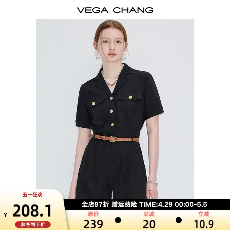 VEGA CHANG连体裤女2024年夏季新款小个子黑色显瘦高级感连身衣裤