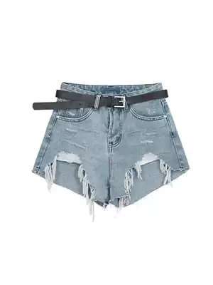 VEGA CHANG perforated denim shorts women's 2021 summer college style pants with strap burrs casual hot pants
