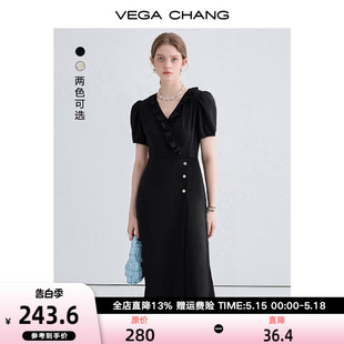 VEGA 新款 花边领系带收腰显瘦茶歇裙 CHANG黑色连衣裙女2024年夏季