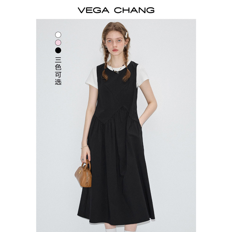 VEGA CHANG黑色显瘦气质连衣裙女2025年夏新款设计感A字背心长裙