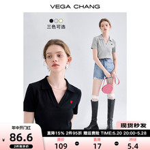 VEGA CHANG爱心针织t恤女2024夏款设计感polo领法式短袖提花上衣