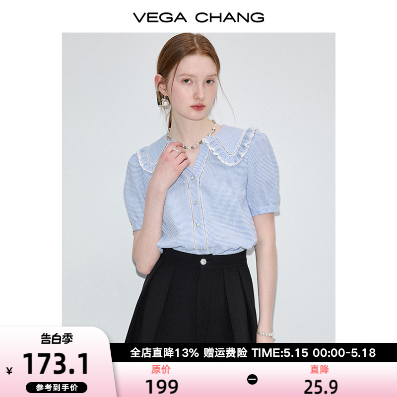 VEGA CHANG格子衬衫女2024年夏季新款设计感蓝白格娃娃领短袖上衣-封面