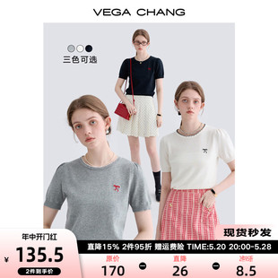 新款 VEGA 女2024年夏季 上衣 CHANG毛针织衫 蝴蝶结刺绣简约圆领短袖