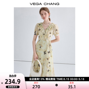 VEGA 蝴蝶印花绑带式 新款 CHANG连衣裙女2024年夏季 设计花边领长裙