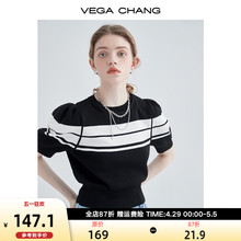 针织上衣夏款 VEGA CHANG条纹针织t恤女设计感小众收腰显瘦泡泡袖