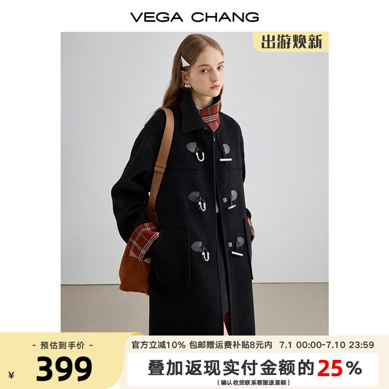 【爆款反季】新年黑色呢子大衣女2025年新款加厚格纹拼接毛呢外套