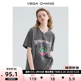 复古时尚 VEGA CHANG短袖 t恤女2024夏新款 卡通印花小个子宽松上衣