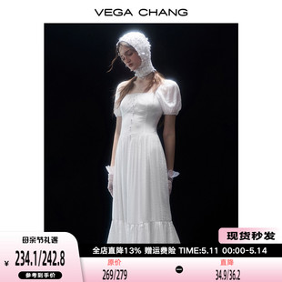 新款 VEGA 连衣裙女2024年夏季 长裙子 CHANG法式 方领小众气质泡泡袖