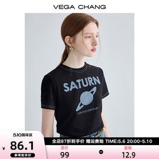 VEGA 设计感小众黑色简约印花圆领上衣 t恤女2024夏新款 CHANG短袖