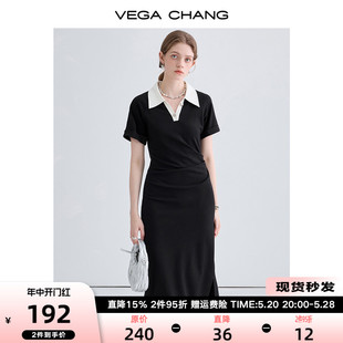 CHANG短袖 VEGA 连衣裙女2024年夏季 新款 撞色POLO领复古开叉长裙子