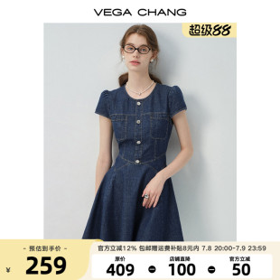 夏季 牛仔連衣裙女2025年新款 氣質百搭圓領收腰顯瘦短裙 現貨