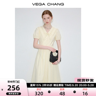 新款 VEGA 连衣裙女2024年夏季 花边领长裙 CHANG泡泡袖 收腰显瘦法式