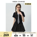 VEGA 纹领带收腰显瘦小黑裙 CHANG黑色连衣裙女2025新款 夏学院风格
