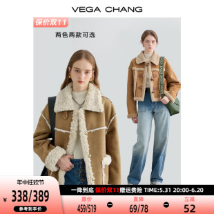 VEGA CHANG皮毛一体短外套女2023年秋冬新款 加厚麂皮绒翻领夹克