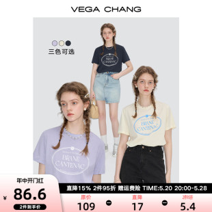 女2024年春季 新款 CHANG短袖 VEGA 简约垂顺印花小圆领正肩上衣T恤