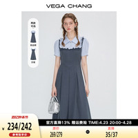 VEGA CHANG法式连衣裙女2024年夏季新款假两件显瘦学院风短袖长裙