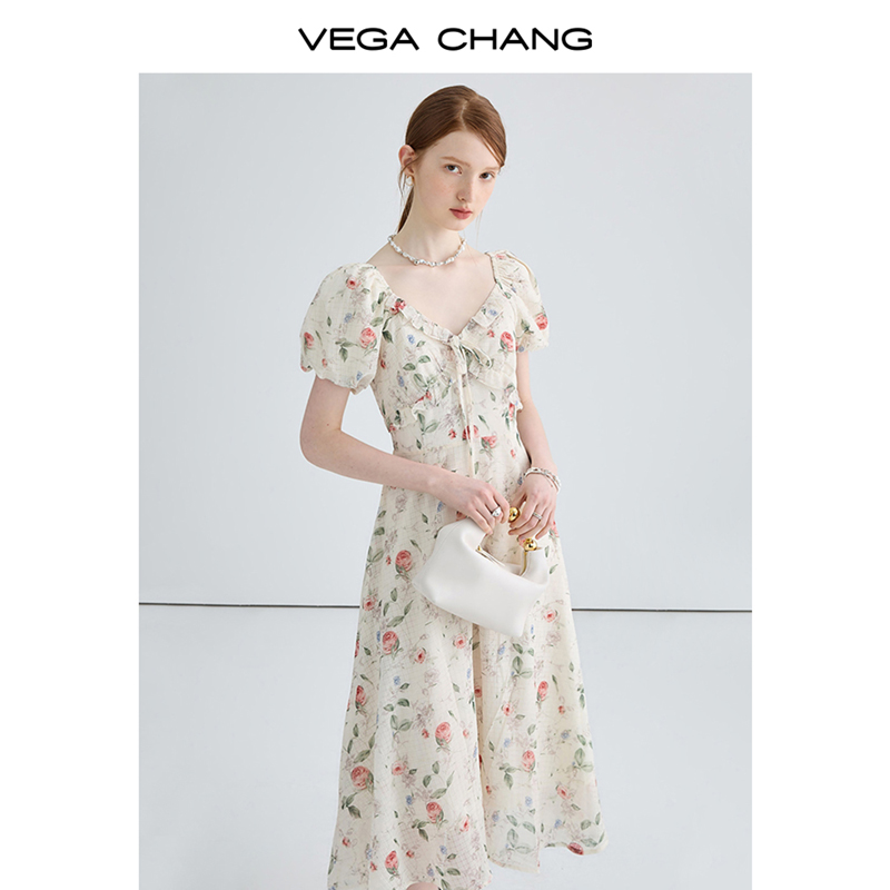 VEGA CHANG法式碎花连衣裙女2023夏季新款高级感显瘦气质桔梗长裙