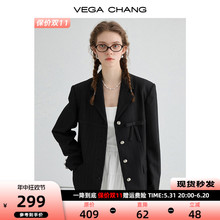 VEGA CHANG黑色小西装女2024年秋季新款高级感暗纹蝴蝶结西服外套