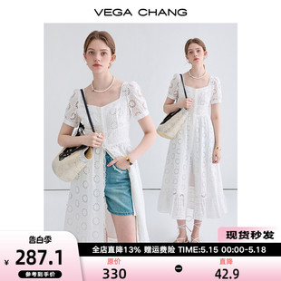 连衣裙女2024年夏季 新款 CHANG短袖 VEGA 蕾丝缕空垂感白色气质长裙