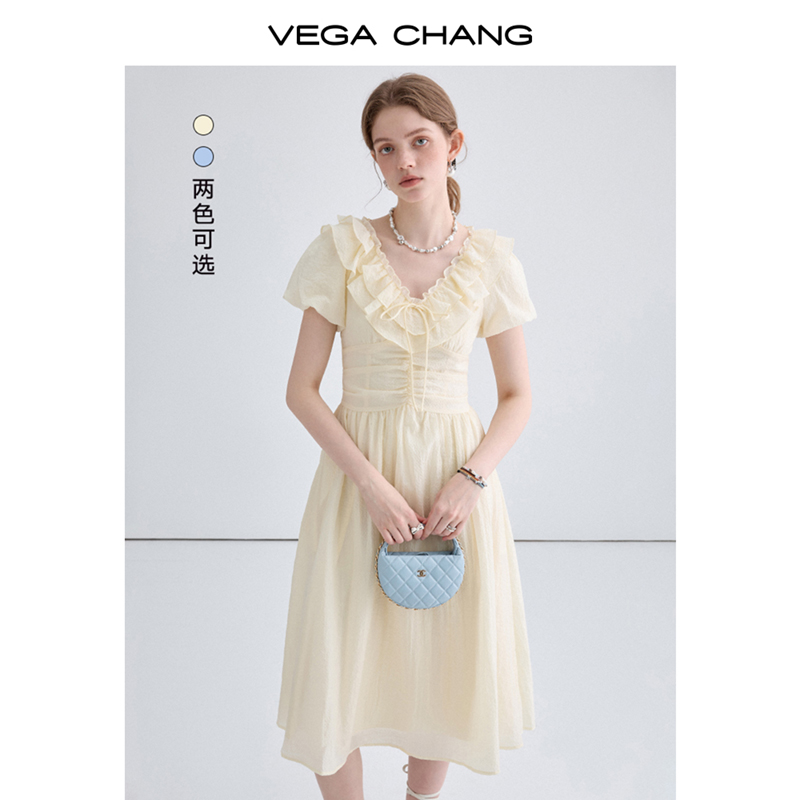 VEGA CHANG连衣裙女2024年夏季新款小个子收腰显瘦法式荷叶领裙子-封面