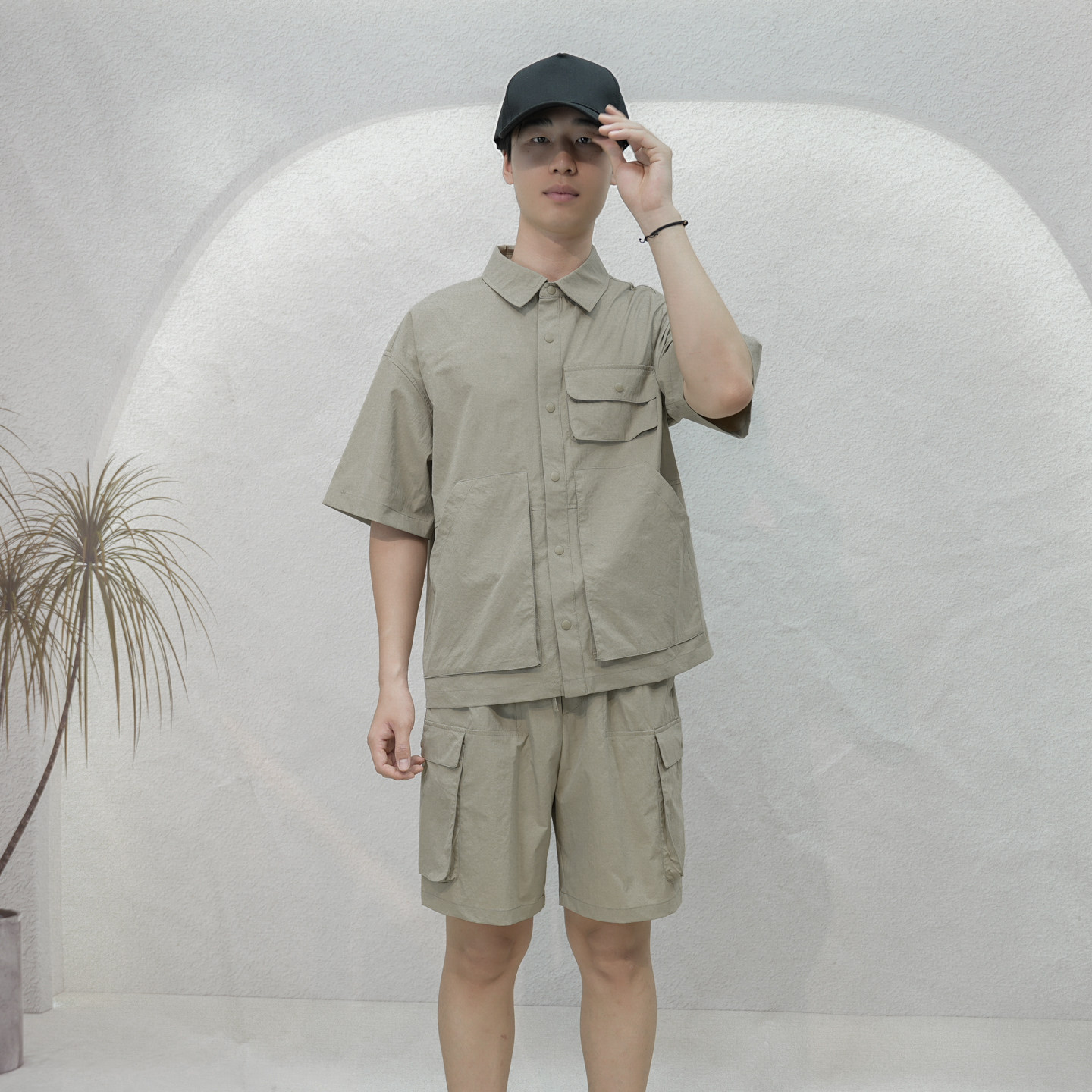 工装风套装男大口袋纯色韩版帅气翻领短袖透气速干五分裤2026夏季