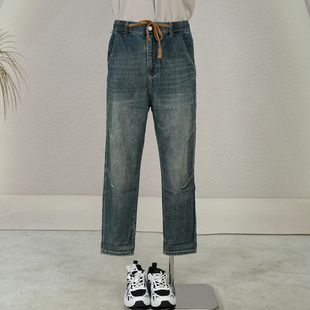 新款 牛仔长裤 潮2025秋季 后松紧腰系带宽松休闲小脚痞帅老爹裤 男装