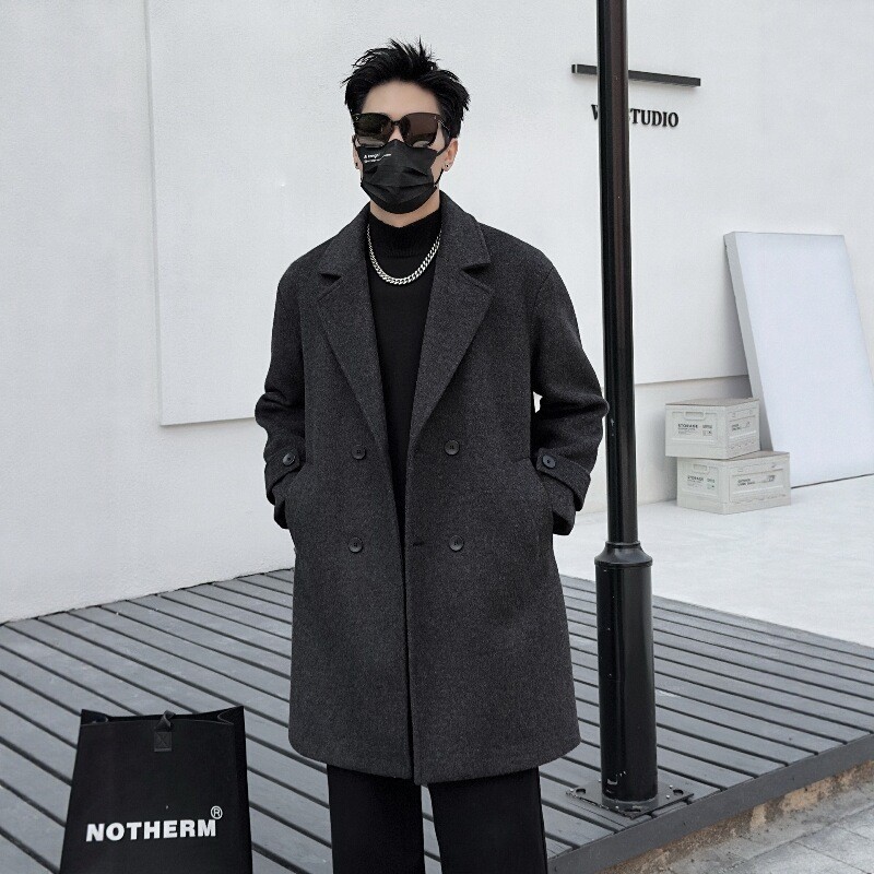 男士中长款呢外套双排扣2025冬新