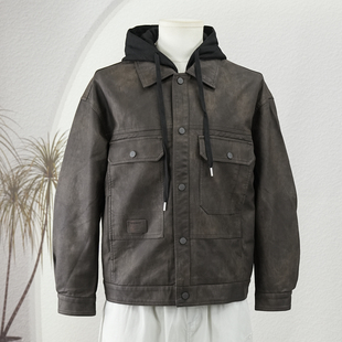 加绒皮衣男假两件加厚保暖连帽夹克可拆领潮流痞帅机车外套2025冬