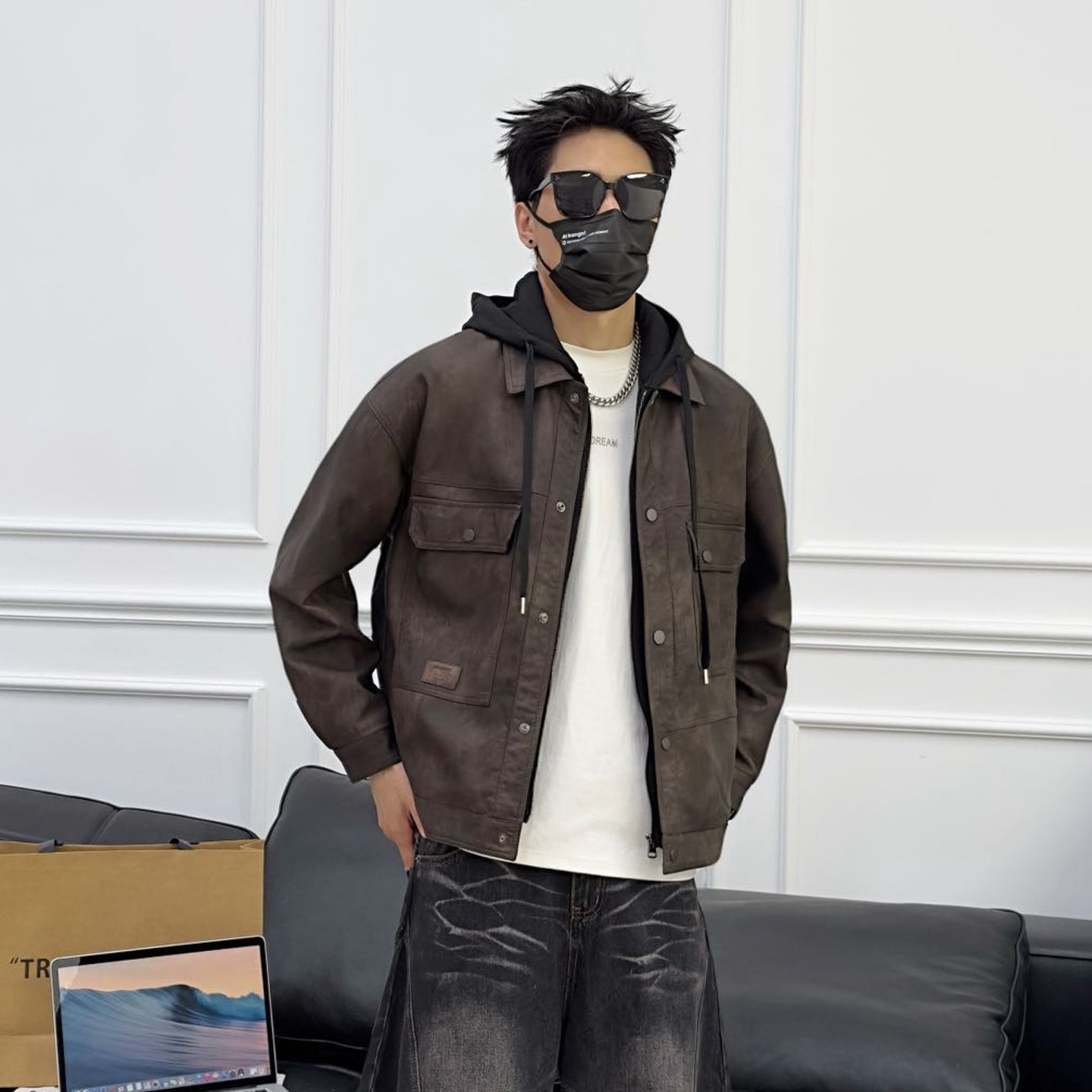 皮衣外套男2025新款秋季韩版潮流痞帅假两件防风保暖连帽皮夹克衫,男装,皮衣,淘宝优惠券,粉丝福利购,淘宝优惠卷