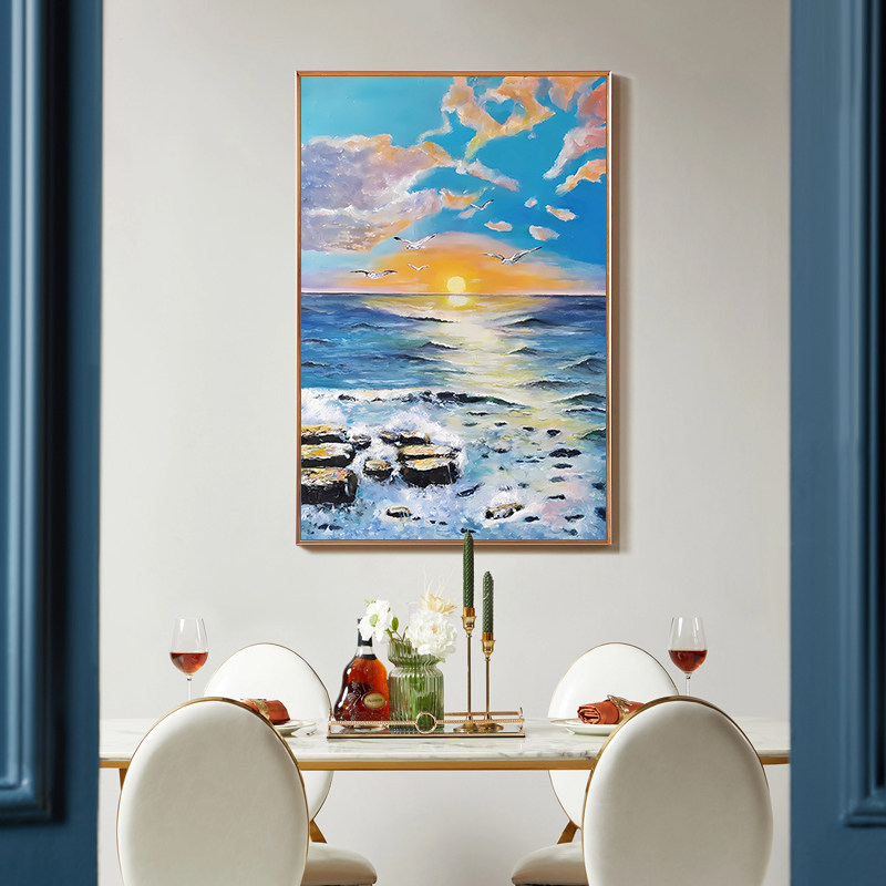 欧式唯美大海沙滩风景装饰画夕阳日落晚霞挂画小清新日出手绘油画