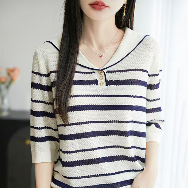 夏季2025新款桑蚕丝短袖女士套头海军领休闲减龄条纹宽松短袖T恤