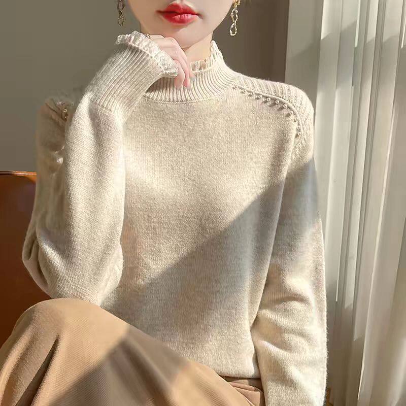 秋冬新款钉珠木耳边羊毛针织打底衫女半高领加厚毛衣减龄内搭上衣