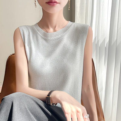 真丝桑蚕丝吊带背心女内搭宽松精致圆领配西装针织打底薄无袖坎肩