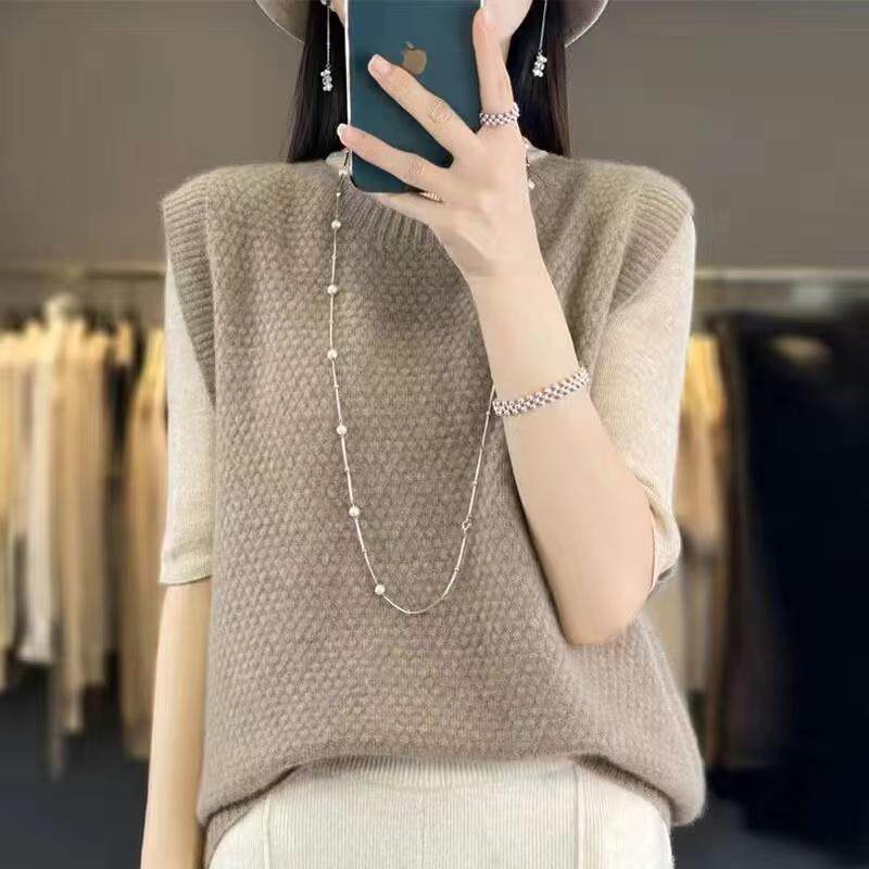 100%羊毛针织马甲女2025新款圆领宽松无袖毛衣背心马夹坎肩上衣