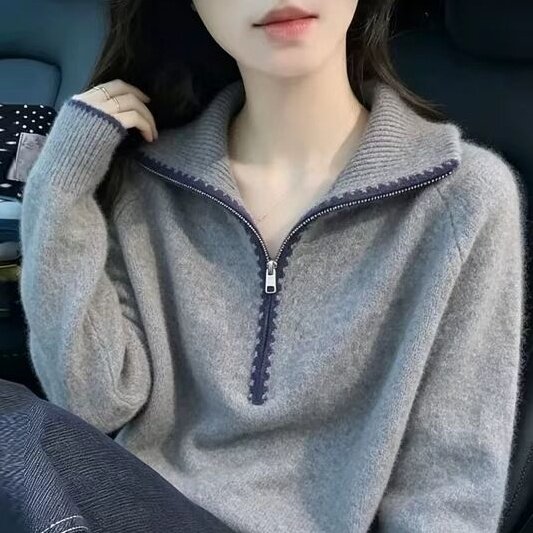 2026秋冬新款羊毛衫休闲半拉链毛衣女灰色软糯宽松加厚针织打底衫