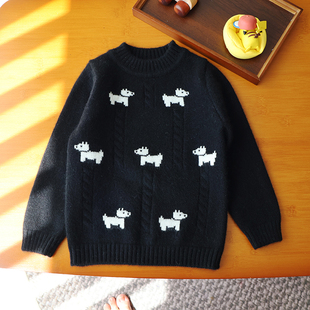 洪叶云台儿童100纯羊绒衫男女童秋冬新款黑色小狗毛衣针织打底衫