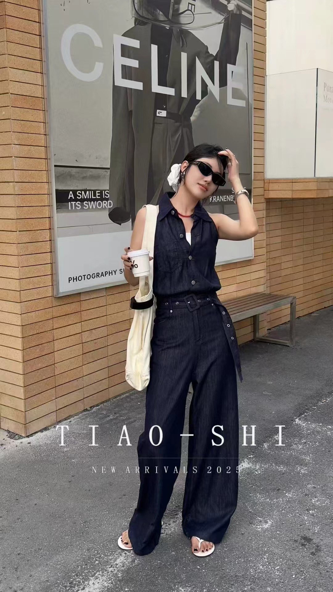 2025夏季新款女款时尚复古水洗深蓝色牛仔连体阔腿无袖连体裤休闲