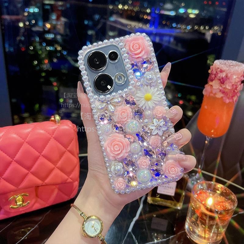适用OPPOA5 Pro水钻珍珠花朵Reno13pro手机壳A3pro全包防摔闪钻A2X女款A58A97满钻Reno12/11/10/9/8/7/6软壳