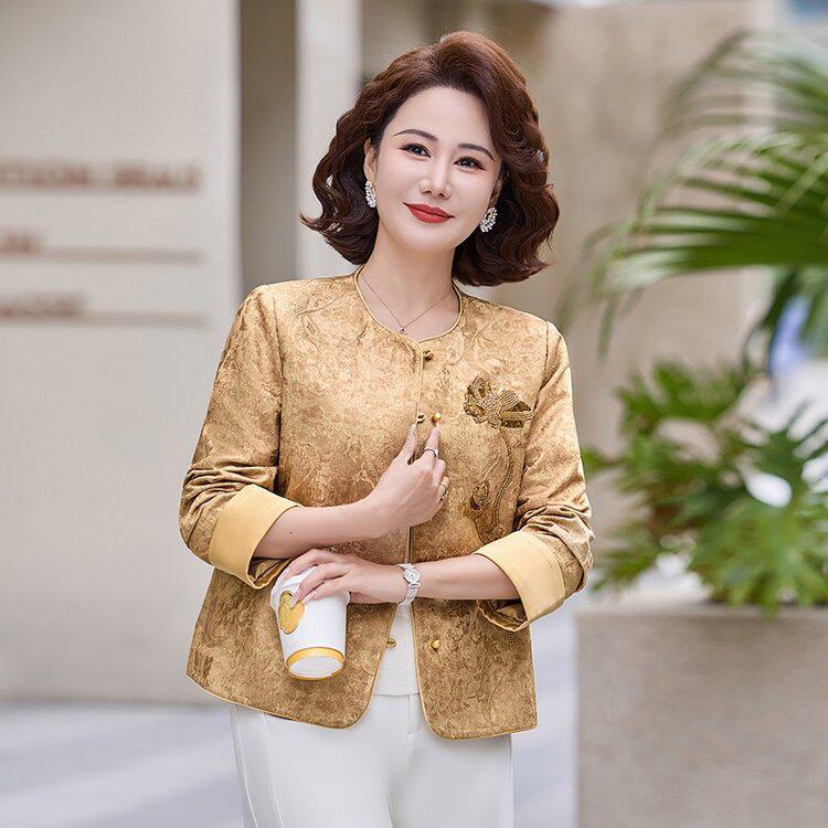 妈妈春装新中式国风盘扣开衫上衣2026新款中老年女士复古印花外套