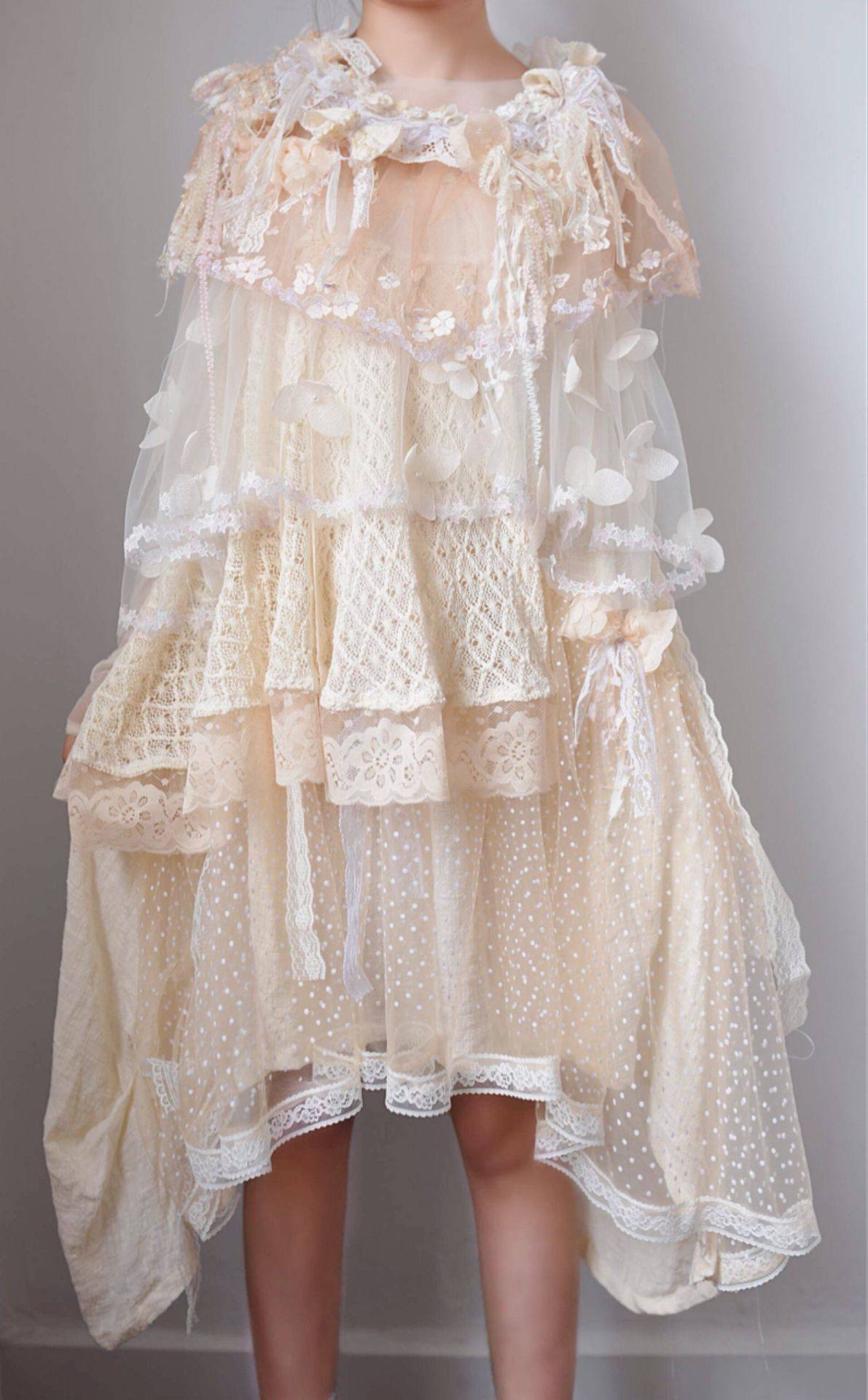 日本古着悦奈风手作连衣裙 森女花嫁生成色系蕾remake vintage