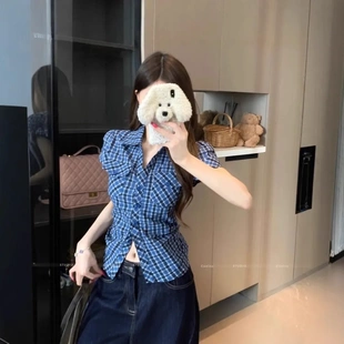 掐腰显瘦百搭上衣女潮 韩系设计感POLO领短袖 格子衬衫 2025夏季 新款