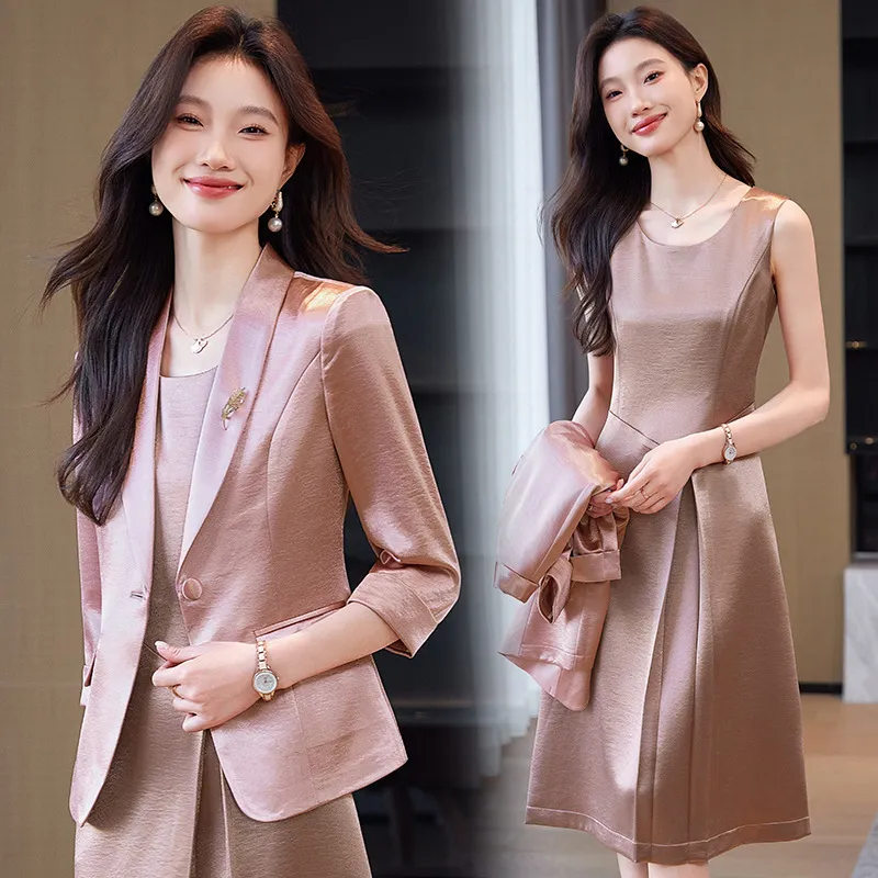 职业西装套装女2025新款夏季薄款醋酸缎面小西服外套连衣裙两件套