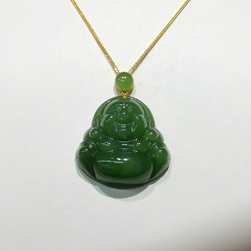 22年老店天然和田玉碧玉佛公笑佛吊坠18k金镶嵌编号y90881769