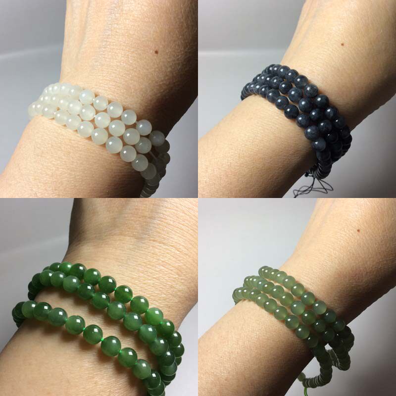 和田玉108颗珠链羊脂玉碧玉青玉烟紫黄口籽料青花圆珠老型多圈