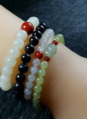 天然正品和田玉8mm圆珠手链羊脂玉墨玉黄口黄玉烟紫色女款手串