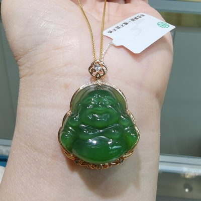 天然和田玉碧玉佛公18k金镶嵌